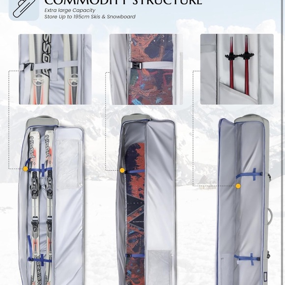 Ski Snowboard Bag Fully Padded for Air Travel 2 pair, Double Snowboard Bag - Picture 4 of 10